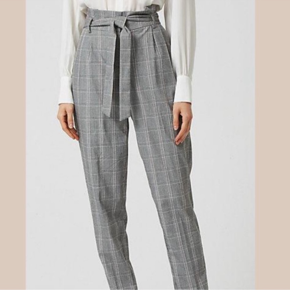 Le Chateau Check Plaid Print Paper Bag Dress Pants with Belt Grey Pink 12